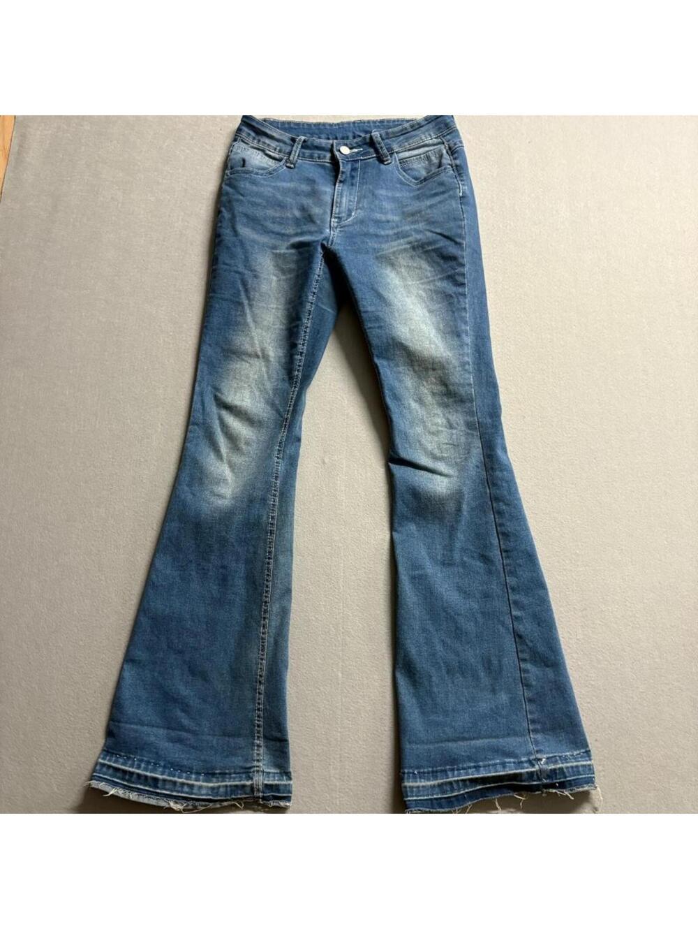 SHEIN Womens Flare Jeans Size US 6 Blue Denim Raw Hem High Rise Stretch